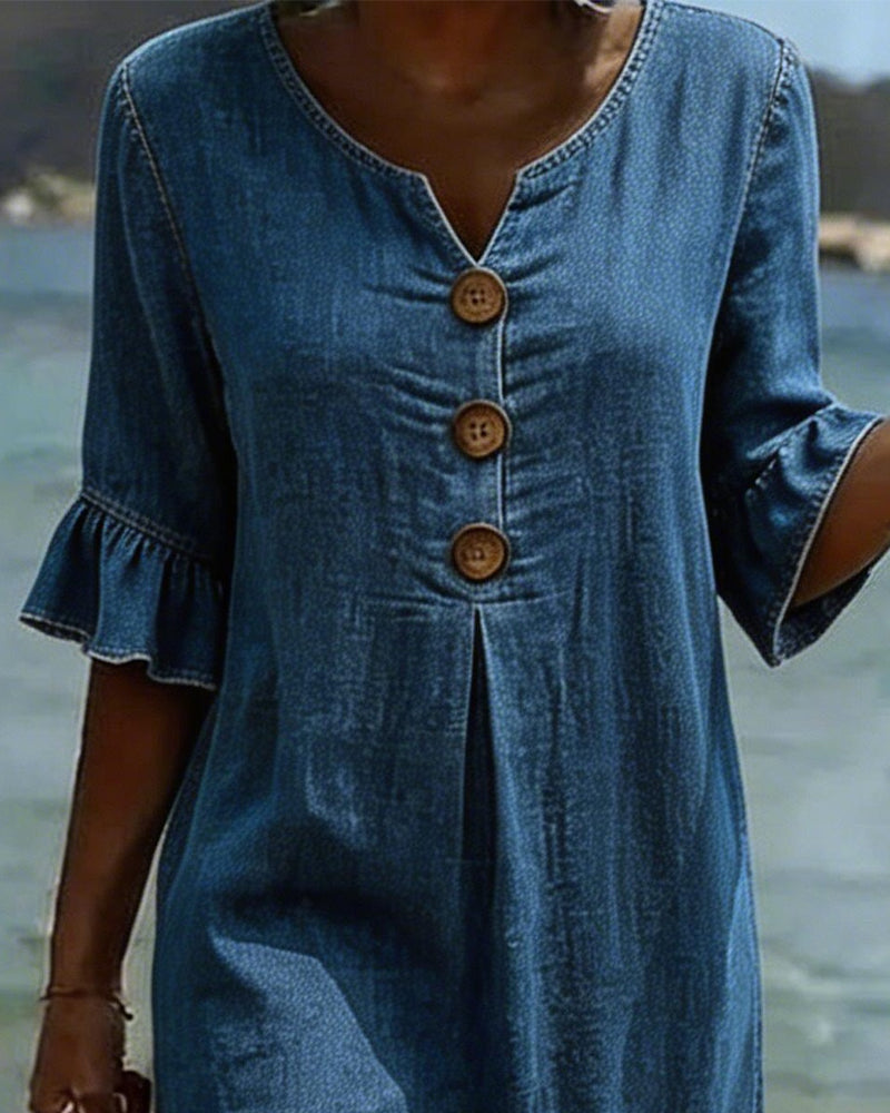 Lea | Robe Lotus Feuille Manches Jeans