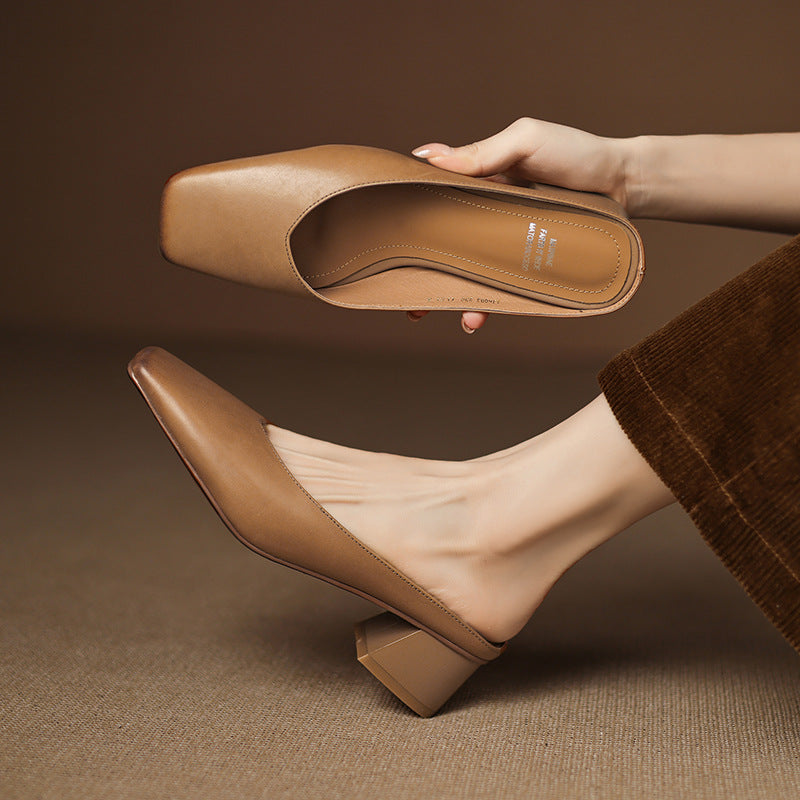 Emy | Genuine Leather Square Toe Mule Heels