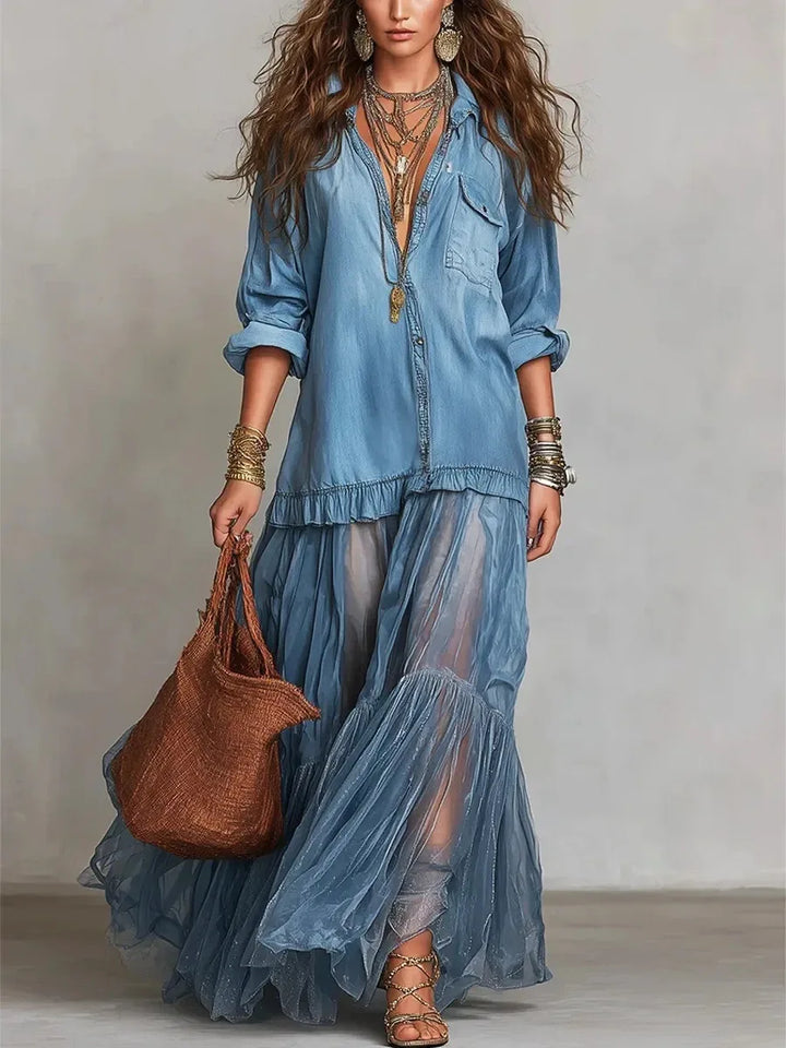 Savannah | Bohemian Denim Maxi Dress