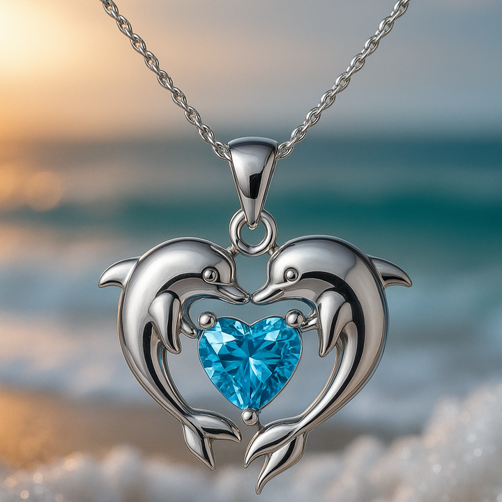 Timeless Silver Necklace with Two Dolphins and Opal